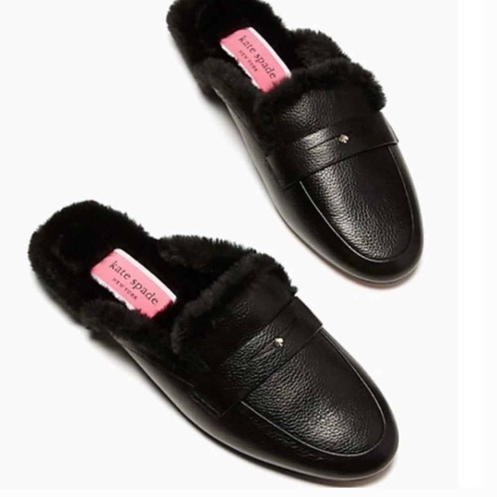 NWT Kate Spade Fur Lined Leather Slides, Black, size 7.5 - Picture 2 of 10